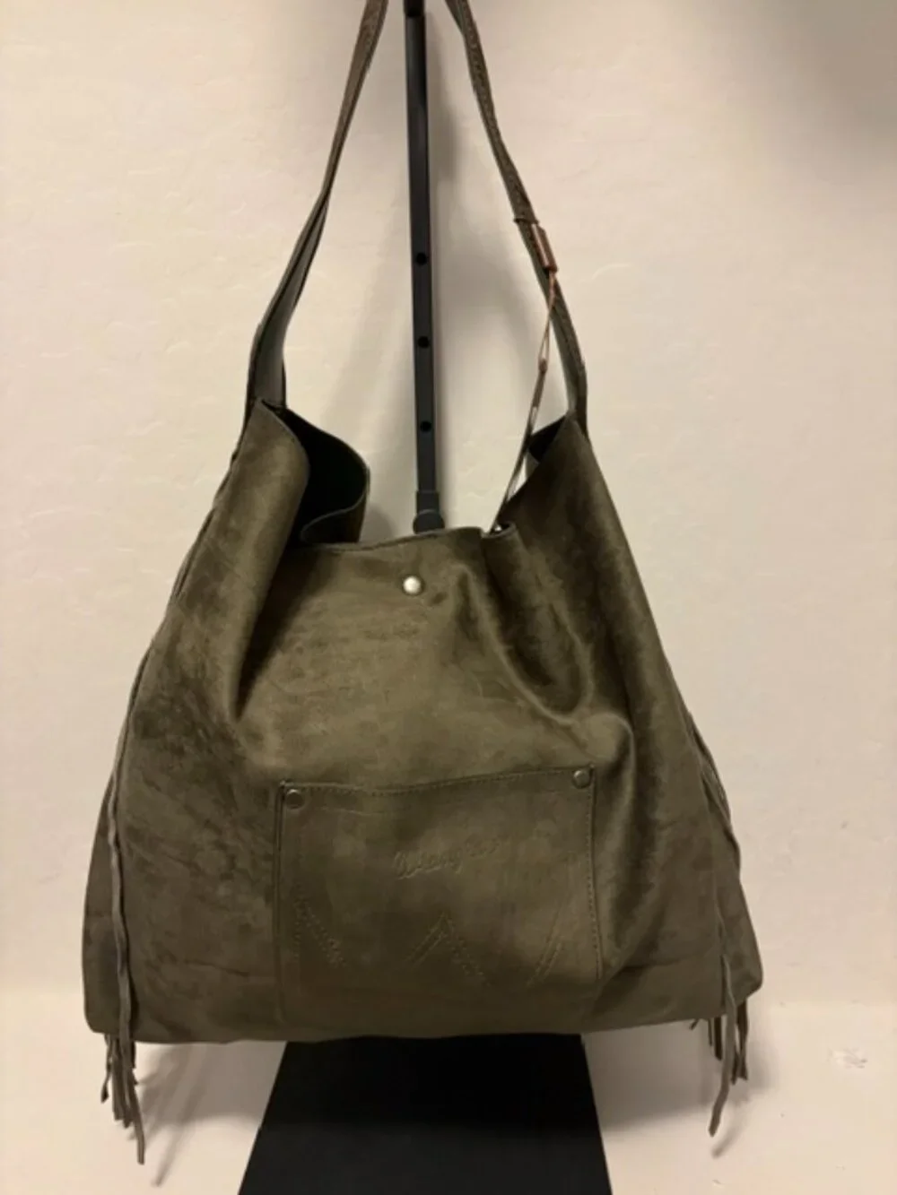 Wrangler Floral Tooled Fringe Hobo Bag Olive Brown Western NWT